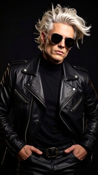Stylish Man with White Hair and Sunglasses in Leather Jacket.