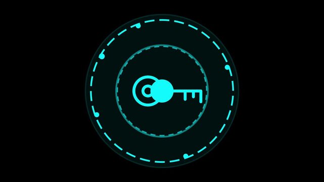 Futuristic cyber security key concept animation glowing in blue light with circular HUD interface on a dark digital background