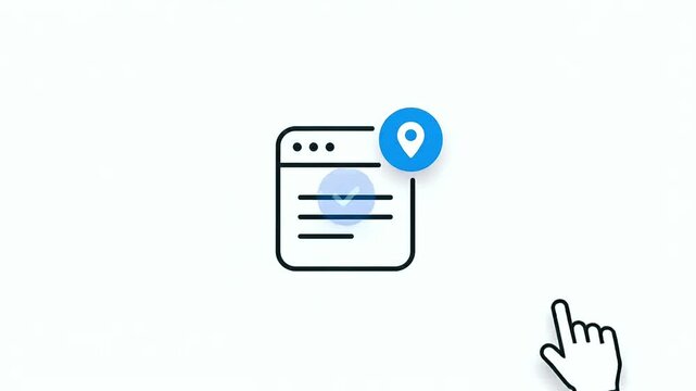 Minimalist icon featuring a browser window graphic combined with a location pin symbol representing digital mapping software or online search tools and technology