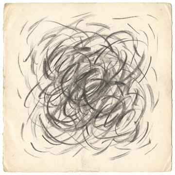 Charcoal brush strokes vignette. Hand drawn artistic sketch with messy circular lines.