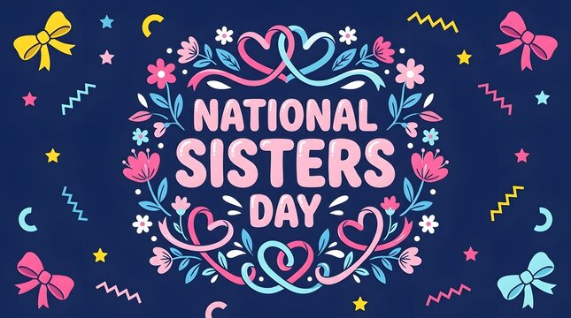 National Sisters Day greeting card design. Floral typography banner for sibling celebration.