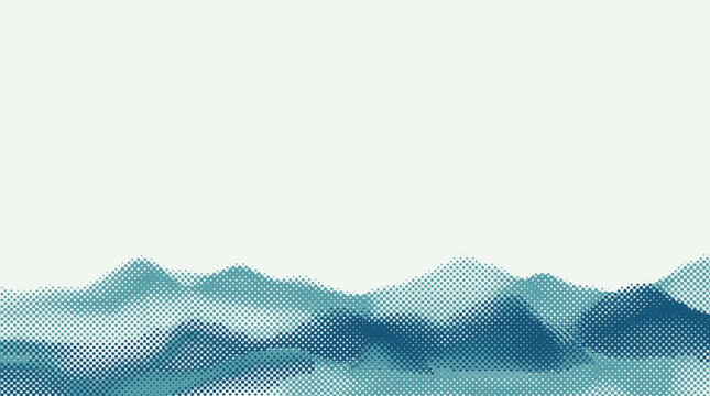 Teal blue dotted mountain range background. Abstract halftone landscape with hills.