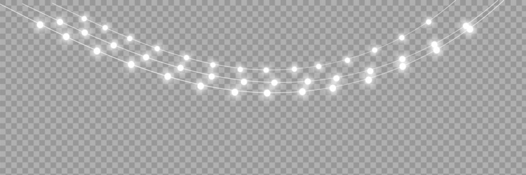 Elegant Christmas Fairy Lights Overlay PNG Transparent with Warm White String Bulbs, Decorative Garland Border, Holiday Glow Background for Invitations, Posters and Banners