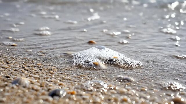 Foamy ocean tide gentle washes over small seashells on sandy beach shore as clear sea water creates bubbly foam over golden sand during peaceful sunny morning on wild coastal shoreline landscape