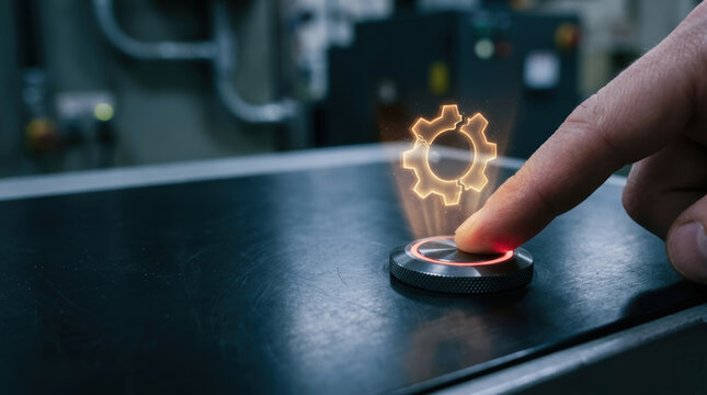 Manufacturing halt on dark control panel as finger presses glowing button near gear icon