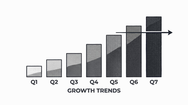 Bar chart showing business growth trends. Financial progress graph with upward arrow icon.