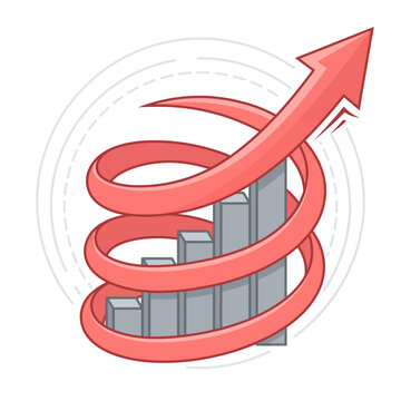 Spiral arrow rising over bar chart. Financial growth icon showing business success trend.