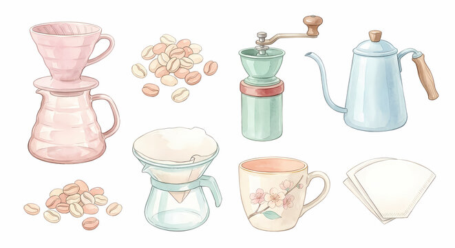 おうちバリスタ コーヒー器具 クリップアート 水彩 白背景