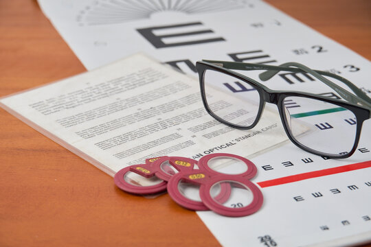 Prescription eyeglasses with optical trial lenses and reading chart on Snellen eye chart