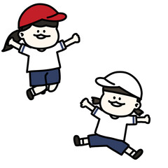 運動会で元気にジャンプする女子児童のイラスト（背景透過）
