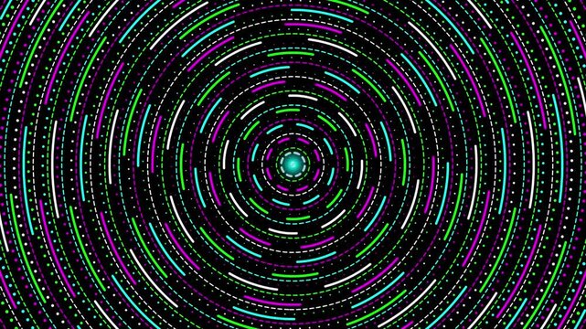 Circular neon line radiating pattern animation colorful dashed lines outward