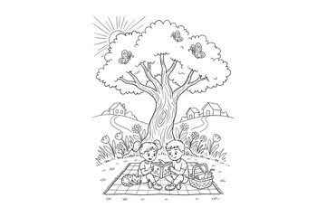 Children Reading Book Under Big Tree Coloring Page with Nature Picnic Scene Printable for Kids