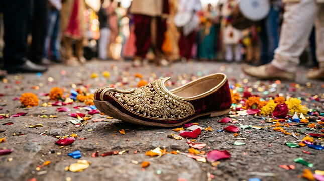 Close Up Groom Decorated Nagra or Juti Shoes Intricate Embroidery Against Baraat Street Ground Flower Petals Around, Outdoor Light, Authentic Groom Detail Wedding India