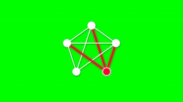 Network topology mesh diagram with highlighted node on green screen