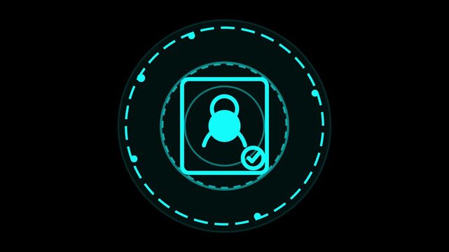 Futuristic neon blue digital security verification icon with a checkmark symbol inside a high-tech HUD holographic interface on black background
