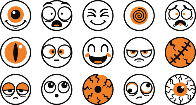 Set of spooky and funny halloween eyeball icons with various expressions for creative holiday design projects