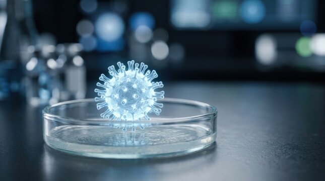 Blue Holographic Virus Cell Floating Above Laboratory Petri Dish in Scientific Research Facility Concept for Healthcare Vaccination and Pandemic