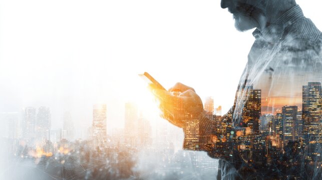 Man using smartphone with city overlay