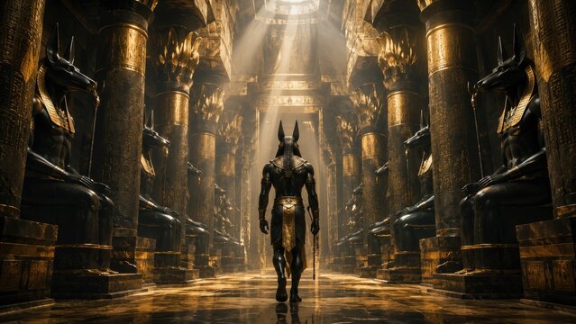 Anubis-like jackal-headed figure walks through a grand golden ancient Egyptian temple hall