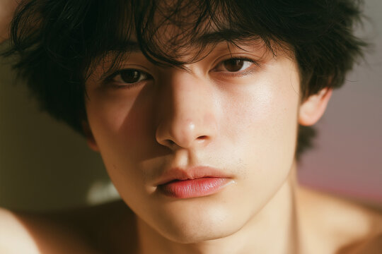 男性, メンズ美容, ビューティー, 若い男性, 男性モデル, スキンケア, メンズコスメ, 美肌, アジア人, ポートレート, クローズアップ, 顔, 素肌, 透明感, ツヤ肌, 清潔感, メンズメイク, ナチュラルメイク, ジェンダーレス, 中性的, Kビューティー, 韓国風, 美容広告, コスメ広告, 化粧品, フェイスケア, リップケア, 保湿, ヘアケア, ヘアスタイル, 黒髪, ウェー