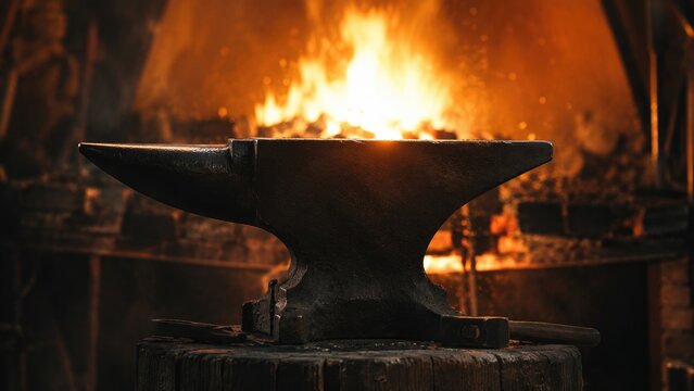 Heavy blacksmith anvil on a wooden stump with glowing forge fire and sparks in a rustic workshop