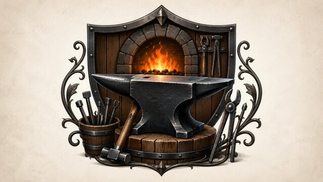 Anvil and blacksmith tools before a glowing forge hearth, rustic wooden backdrop and ornamental metal scrollwork