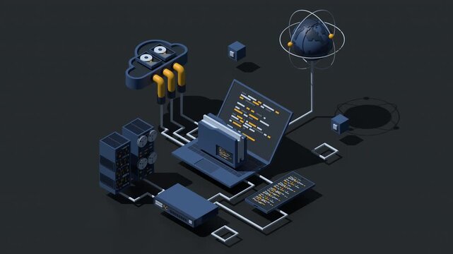 3D isometric cloud authentication system with laptop animation. Cloud technology computing concept. Cloud database. Internet data services. 4K video animated in isometric style