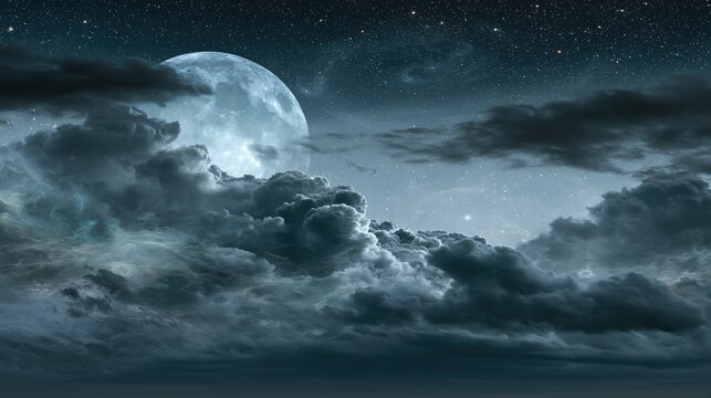 Giant full bright moon rising above thick dark clouds against starry night sky creates dramatic magical calm night natural landscape