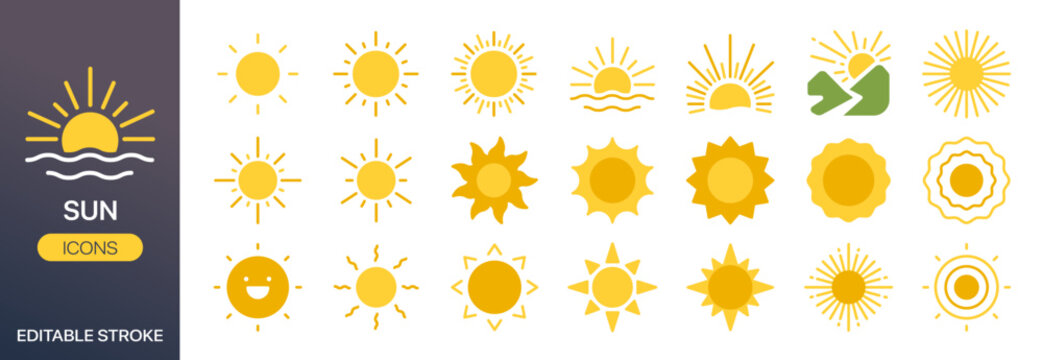 Sun vector icon set. It includes solar, light, sunshine and more icons.