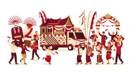 Fototapeta premium Indonesian Cultural Parade with Traditional Costumes, Music, and Decorated Truck