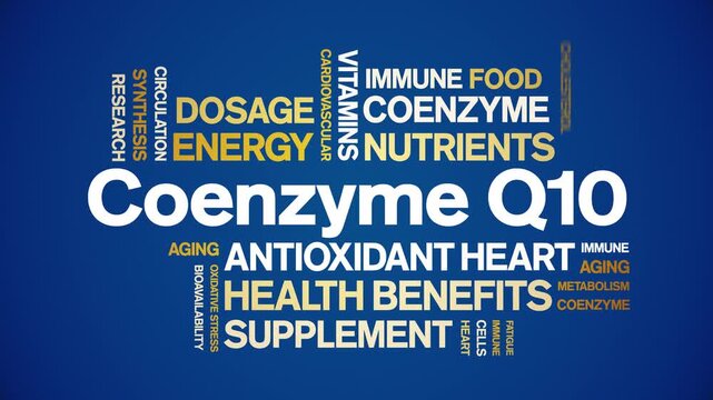 Coenzyme Q10 animated word cloud-CoQ10 text design animation tag kinetic typography seamless loop.