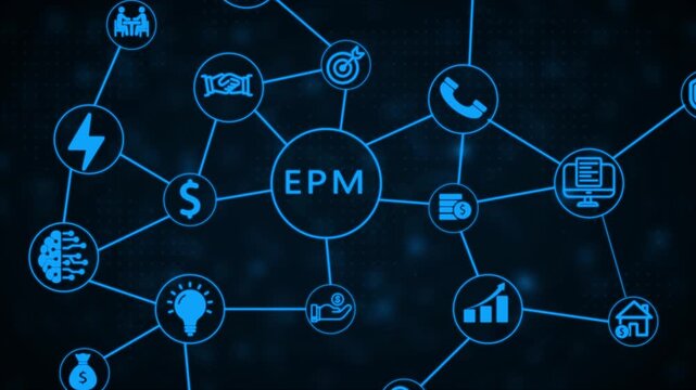 Digital mind map infographic detailing enterprise performance management EPM concepts with glowing neon blue on a dark dotted background representing integrated business operations