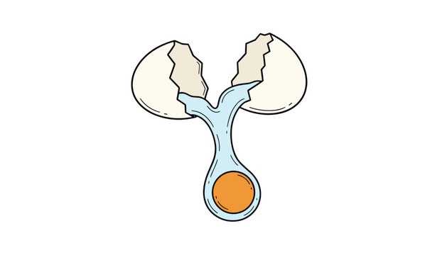 Hand drawn color vector illustration of a cracked egg shell with liquid white and golden yolk dripping down.