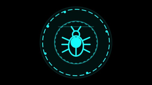 Futuristic holographic cyan insect bug icon displayed within a glowing digital HUD circular interface for cybersecurity and software debugging