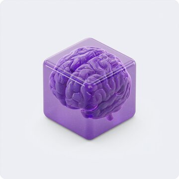 3d stylized human brain inside glowing purple transparent cube on light gray background represents artificial intelligence and neuroscience concept