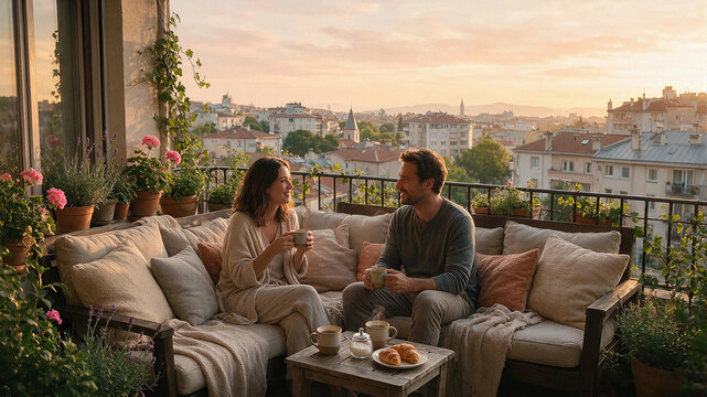 Happy young couple drinking coffee on a cozy balcony at sunset overlooking the city skyline