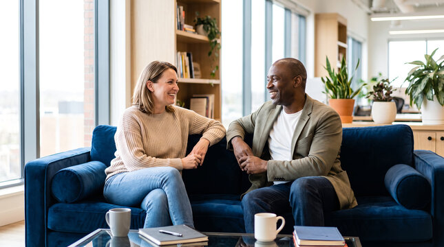 Diverse man and woman business colleagues, with coffee cups and blue sofa, sitting together talking and smiling cheerfully, in modern office lounge room, business photo