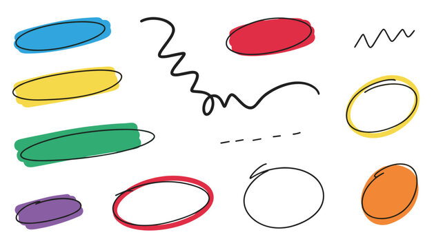 Set of colorful hand-drawn highlighting shapes and doodle lines for underlining and accentuating text.