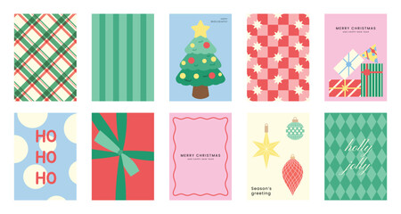 Naklejka na ściany i meble Christmas and Happy holiday greeting card vector set. Elegant wallpaper with geometric Christmas elements and pattern . Holidays design illustration for cover, print, poster, Happy New Year, ads.