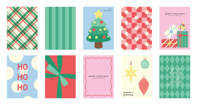 Christmas and Happy holiday greeting card vector set. Elegant wallpaper with geometric Christmas elements and pattern . Holidays design illustration for cover, print, poster, Happy New Year, ads.