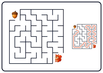 Squirrel navigating a maze to find acorn in colorful illustration   © Aleksandra