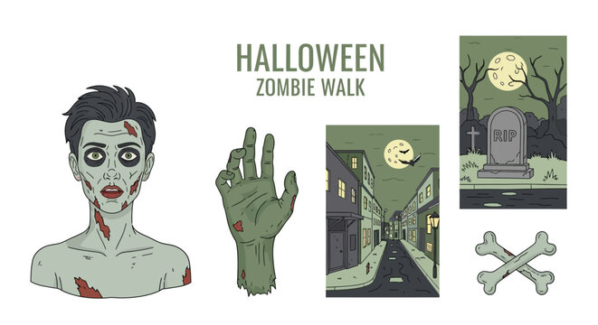A collage of Halloween illustrations including a zombie bust a disembodied hand city street tombstone and bones