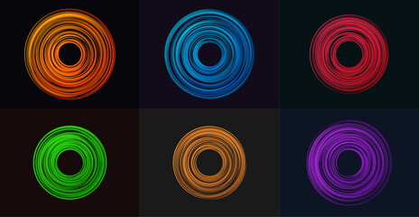 Abstract glowing circle frames set, 6 colorful neon light rings on dark background, futuristic circular swirl vector elements for logo design © Gullfam