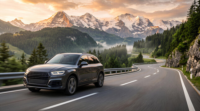 Generic luxury modern crossover SUV driving along a winding asphalt road through high mountains at sunset
