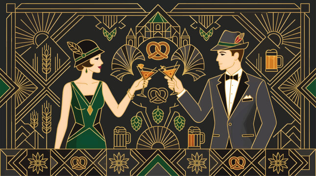 Art Deco Couple Toasting Cocktails with Oktoberfest Symbols, Vintage Style Illustration with Pretzels, Hops, Wheat, and Beer Mugs, Elegant Celebration Scene