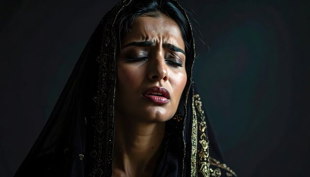 Intimate emotional portrait of a veiled woman in dramatic light.