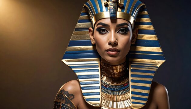 Egyptian Pharaoh Queen Portrait in Blue Gold Headdress.