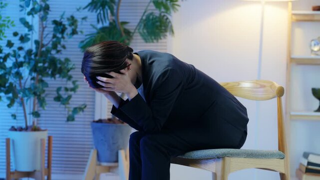 落ち込む女性ビジネスパーソン。ストレス、悩み、心配、不安、トラブル、暗い、疲労、孤独、しんどい