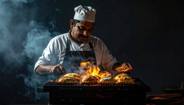 Seasoned Chef Grilling Tender Meat Over Open Flame.