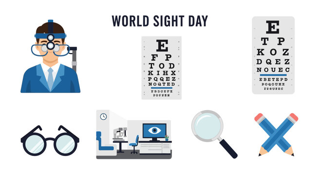 Eye exam icons for World Sight Day including an optometrist charts glasses medical room magnifier and pencils